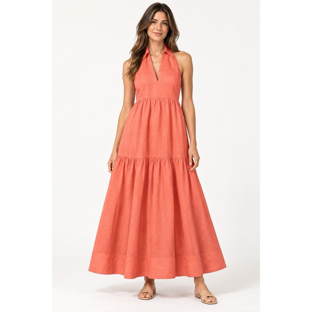NICHOLAS Halo Halter Maxi Dress Women's Size 6 Orange 100% Ramie Tiered Backless